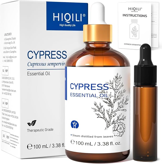 HIQILI Cypress Essential Oil for Diffuser, Humidfier, Skin Care | Aromatherapy, DIY soap and candle, relaxing mood, include 10ml travel bottle - 100ml / 3.38 Fl Oz