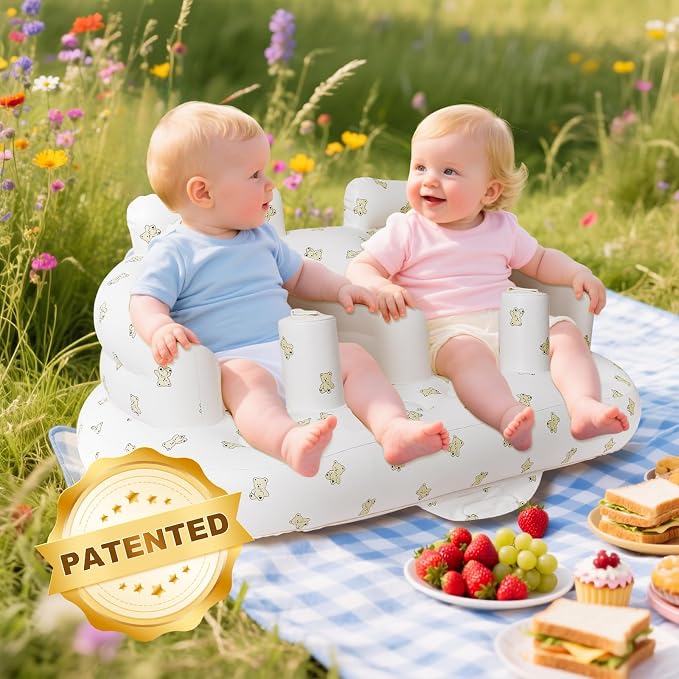 EKEPE Baby Inflatable Seat for Twins Babies 3 Month and Up, Side-by-Side Double Inflatable Floor Chair for Sitting Up with Built in Air Pump, Blow Up Baby Chair for Infants - Twins Bear