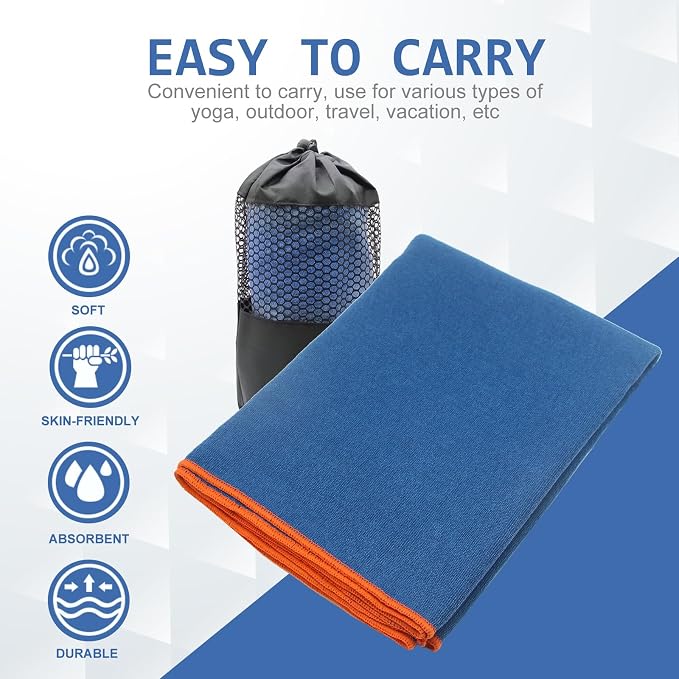 Eunzel Hot Yoga Towel - Microfiber Non Slip Yoga Mat Towel with Grip Dot Sweat Absorbent Towel for Hot Yoga, Pilates and Fitness 72" x 24", Steel Blue/Orange