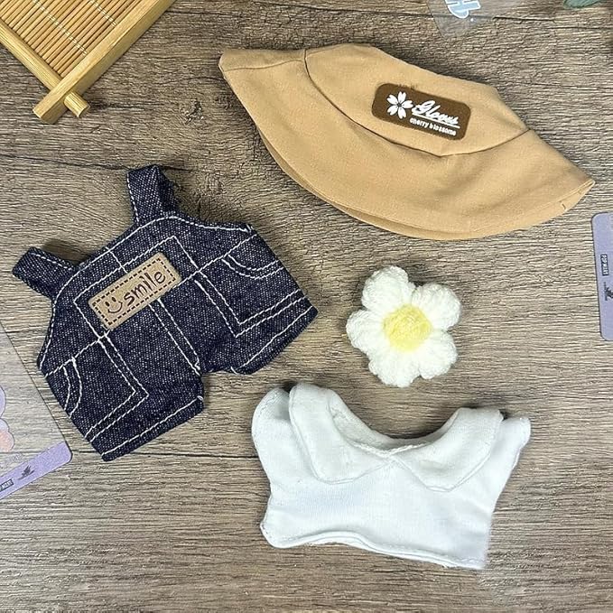 Clothes for LABUBU, Hat & Overalls Set for 17/15cm Accessories Suit, Cute Clothes for Dress up Unique Style (Blue Flower)