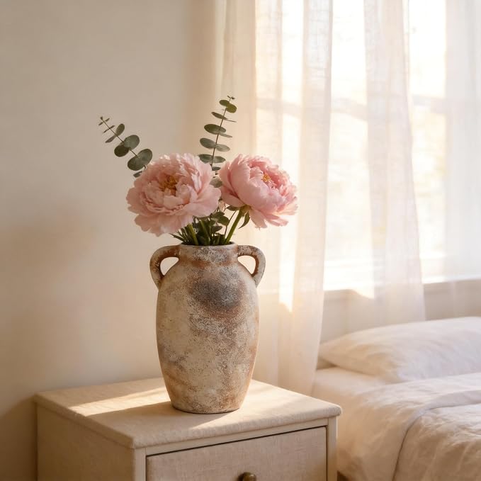Ceramic Flower Vase, 9.8" Rustic Farmhouse Vase with Glazed Interior, Decorative Pottery Vase for Fresh Flowers, Eucalyptus, Dining Table Centerpiece, Entryway and Mantel Decor