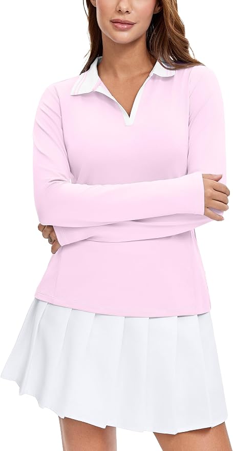 MathCat Womens Golf Shirts, Long Sleeve Polo Shirts Collared V Neck Tennis Shirts Breathable Athletic Tops