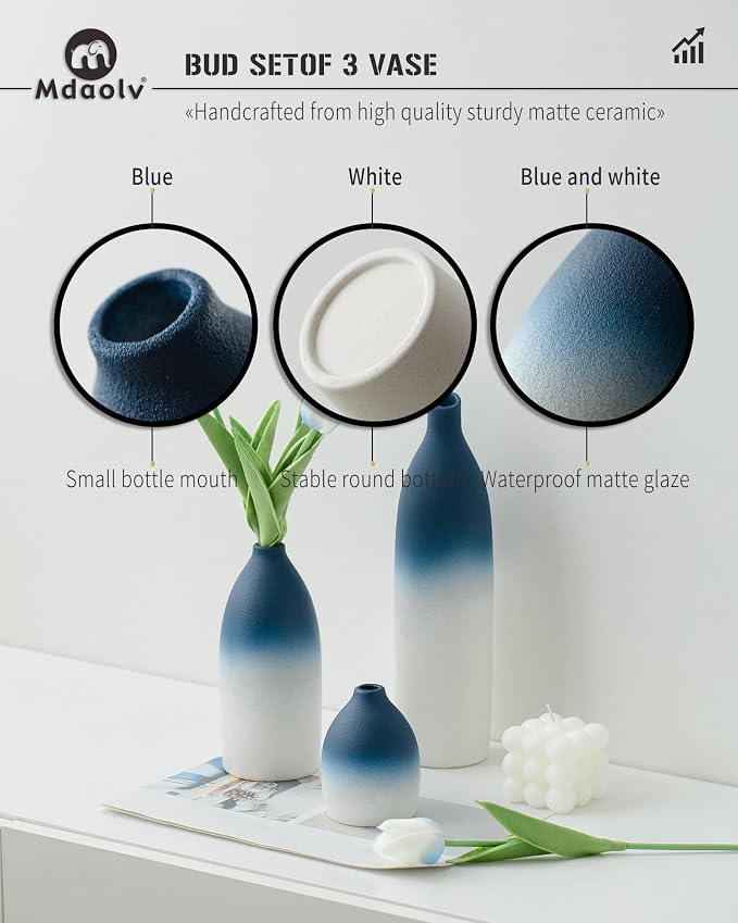 Mdaolv Blue and White Vase Set Navy Blue Decor Coastal Decor Vases for Kitchen Island Living Room Office Table Fireplace Mantle Decorations & Bathroom Shelf Decor Centerpiece Table Decorations Ceramic