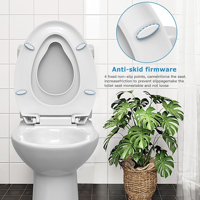Elongated Toilet Seat with Built in Potty Training Seat, Potty Training Toilet Seat for Toddlers, Magnetic Kids Seat and Cover, Slow Close and Never Loosen, Fits both Adult and Child, White, 19"