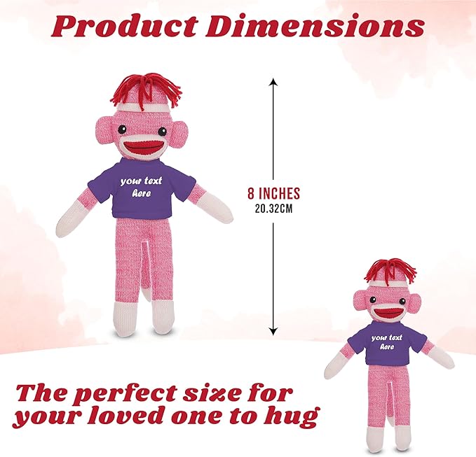 Personalized Huggable Pink Sock Monkey 8 Inch Plush Stuffed Animal Gift - Custom Text on Shirt - Perfect for Valentine's Day, Halloween, Graduation Day, Birthday Present