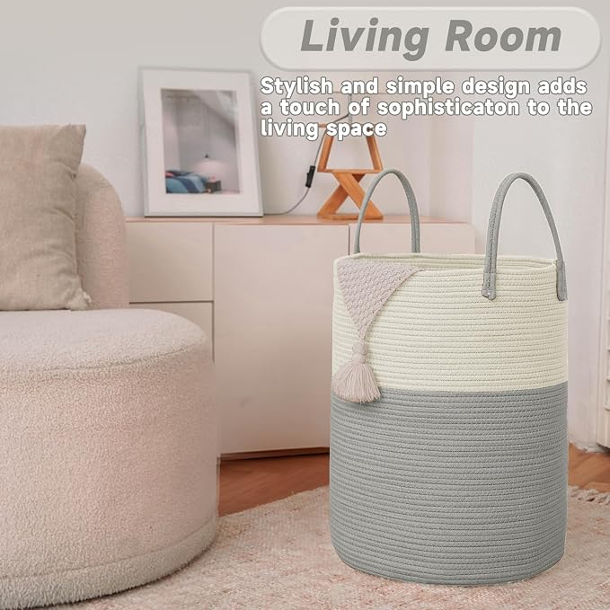 JMvicyroam 60L Cotton Rope Laundry Basket Hamper, White and Grey | Collapsible laundry basket, reinforced handles, freestanding, machine washable, holds 3-5 thick blankets, clothes or toys
