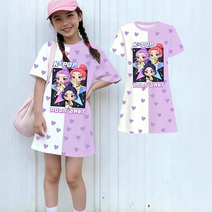 Girl's Anime K-POP Graphic Long Dress T-Shirt - Casual Loose Fit Short Sleeve Top