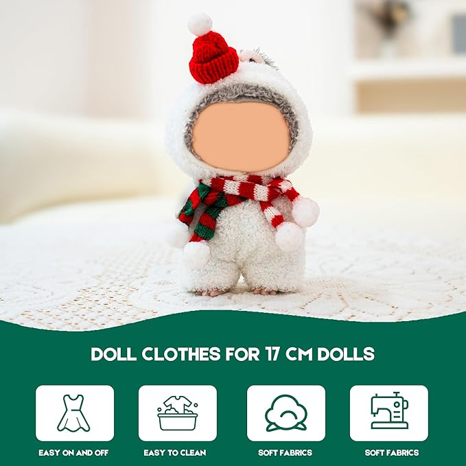 Clothes for Labubu Doll,6.7 Inch Doll Clothing Set - 4 Pieces of Handmade Clothes and Accessories for 17cm Plush Toys - Santa Hat Head Cover + Snowman Clothes + Red Striped Scarf + Green Striped Scarf