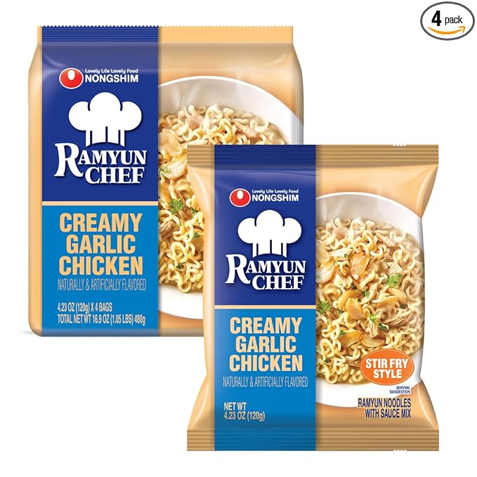 Nongshim Ramyun Chef, Stir Fry Style Instant Ramyun Noodles with Sauce Mix, Garlic Chicken, 4.23 Oz (Pack of 4)