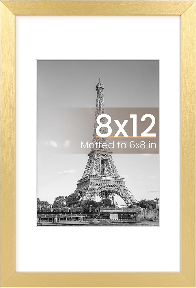 upsimples 8x12 Picture Frame, Display Pictures 6x8 with Mat or 8 x 12 Without, Wall Hanging Photo Frames, Gold, 1 Pack