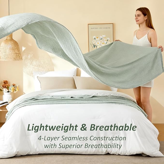 EMME Cotton Muslin Large Throw Blanket Couch Breathable Gauze Soft Lightweight Bed Blankets Adults (Heather Sage Green, 50"x70")