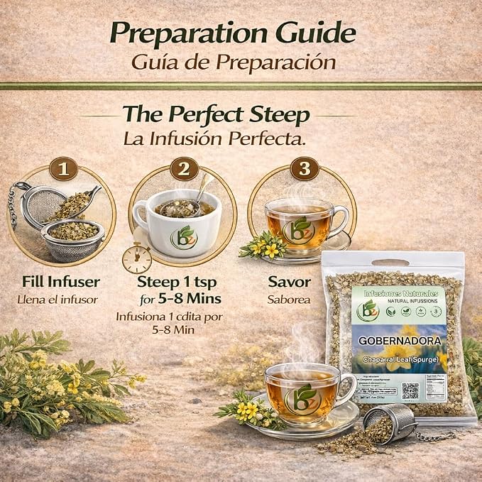 Gobernadora Tea (Chaparral Leaf) 4 oz with Stainless Steel Tea Infuser – 100% Natural Larrea tridentata – Traditional Desert Herb for Wellness – Wildcrafted, Caffeine-Free, Vegan – Authentic by BEXPERTSUSA