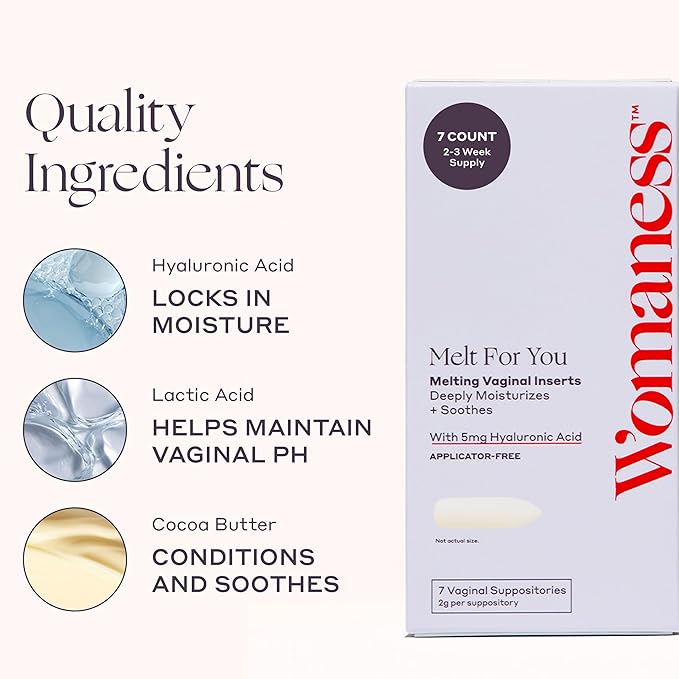 Womaness Melt for You Vaginal Moisturizing Suppositories for Dryness Relief, Hormone-Free Hyaluronic Acid Vaginal Inserts, Applicator-Free Melting Formula, 7 Count