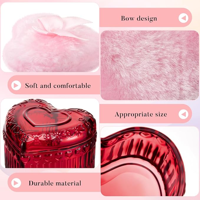 Tioncy 3 Pcs Large Body Powder Puff and Container Valentine's Day gift Powder Container with Puff Crystal Case Soft Washable Reusable Velour Face Body Glitter Wet Dry Makeup (Heart,Crimson)