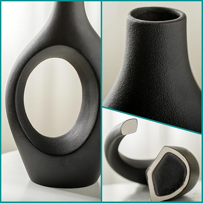 XL Black Ceramic Vase Set of 2 for Modern Home Decor, Neutral Boho Round Donut Pampas Grass Vases, Nordic Aesthetic Vase, for Living Room Coffee Table Fire Place Book Style Shelf (H 11.1")