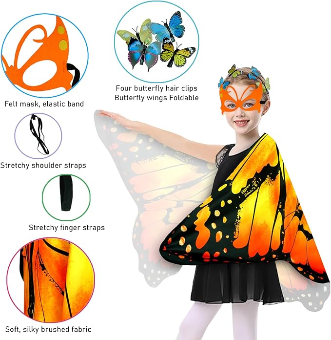 Kids Butterfly Wings Costume Girls Fairy-Wings Toddler Dress Up Play Costumes Butterfly Hair Clip Mask Party Favors (Orange Sets)