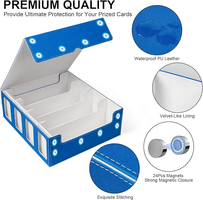GEAoffice Trading Card Storage Box with Commander Display, 3200+ Card Deck Case with Magnetic Removable Lid, 4-Row Deck Box for MTG/TCG/Sports/Games, 10 Stoppers, 24 Dividers, 1 Dice Tray, Blue White