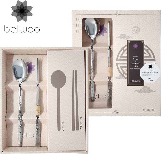 [5 Sets][Made in Korea] Sticky Korean Style Rice Spoon Chopsticks Set 430 Stainless Steel Soup Spoon Ramen Noodle Chopsticks Flatware (Crane)