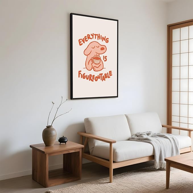 Everything Is Figureoutable Motivational Poster Cute Dog Positive Quote Inspirational Wall Art Funny Cartoon Mental Health Coffee Canvas Print for Kids Room Home Decor 12x18inch Black Aluminum Frame