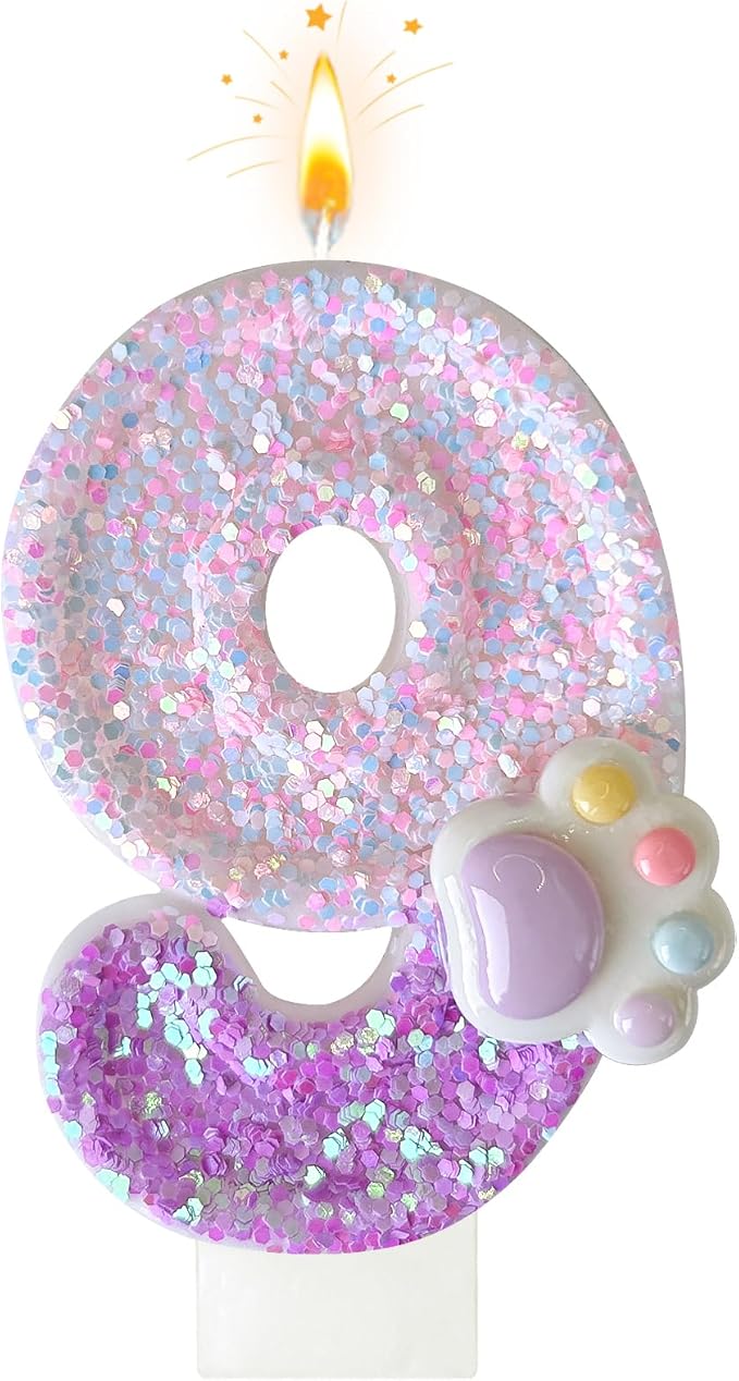 Pink Cat and Dog Paw Birthday Number Candles, Cupcake Decorations, Dog Theme Candles, Suitable for Party Celebrations, Birthday Decoration Supplies (Number 9)