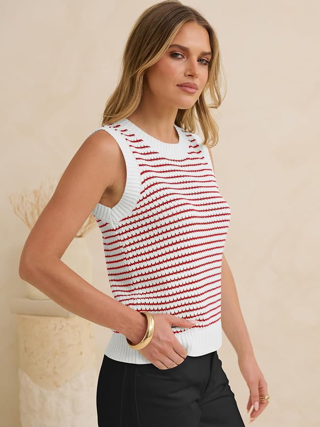 ANRABESS Womens Sleeveless Sweater Vest Striped Tank Tops | Crochet Knit Crew Neck, Lightweight Soft Comfy, Vacation Travel Work Casual Outfits, Sping Summer Layering Clothes