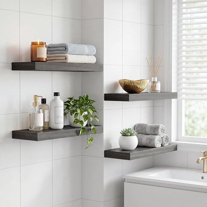 Fixwal 15.7in Floating Shelves, Rustic Wood Finish Wall Shelves Set of 4, Shelves for Wall Decor, with Invisible Brackets for Bathroom, Living Room,Bedroom and Kitchen(Gray)