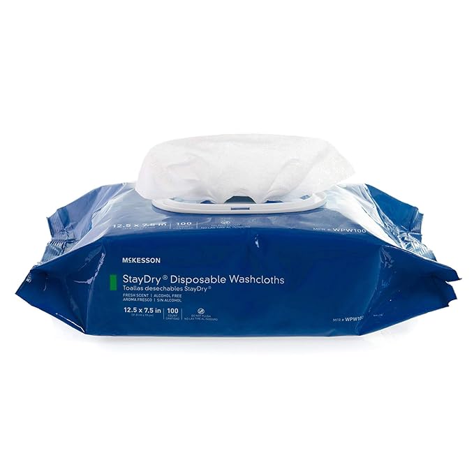 McKesson Disposable Wipe 1 Pack, 100 Washcloths - Large Adult Body and Incontinence Washcloths with Aloe and Vitamin E, Alcohol-Free, 100 Wipes Per Pack