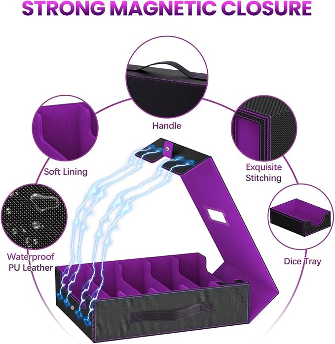 Trading Card Storage Box, 5 Row Card Deck Case with Commander Display & Portable Handle, 4200+ Card Deck Boxes Compatible for MTG TCG Magic Cards, 30 Divider, 8 Supporters, 1 Dice Tray(Black & Purple)