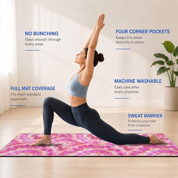 Yoga Mat Towel, Hot Yoga Non Slip with 4 Corner Pockets, 70 x 26 in | Soft Absorbent Microfiber With Four Corner Pockets, Fits Over Yoga Mats For Hot Yoga, Pilates, Gym, And Travel