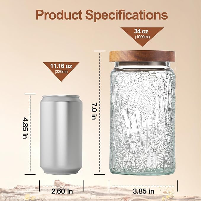 34 OZ Vintage Glass Jar with Lid, Airtight Food Storage Canisters with Bamboo for Kitchen Counter Pantry, Ideal for Coffee, Candy, Tea, Oats, Sugar, Cookies Decorative Jars-Sunflower