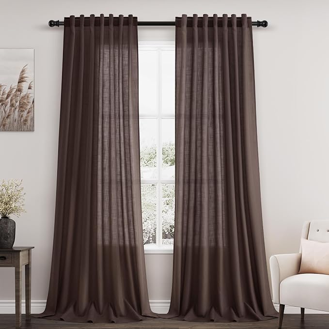 Nanspring Coffee Linen Curtains for Living Room Back Tab Rod Pocket Semi Sheer Curtains 100 Inches Long 2 Panel Set Light Filtering Neutral Boho Farmhouse Lightweight Drapes for Bedroom 52x100