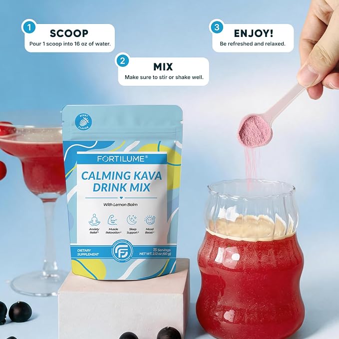 FORTILUME Calming Kava Drink Mix, Instant Kava Powder, Low-Calorie, Non-Alcoholic | Plant-Based Relaxation Alternative Beverage | 15 Servings (Berry)