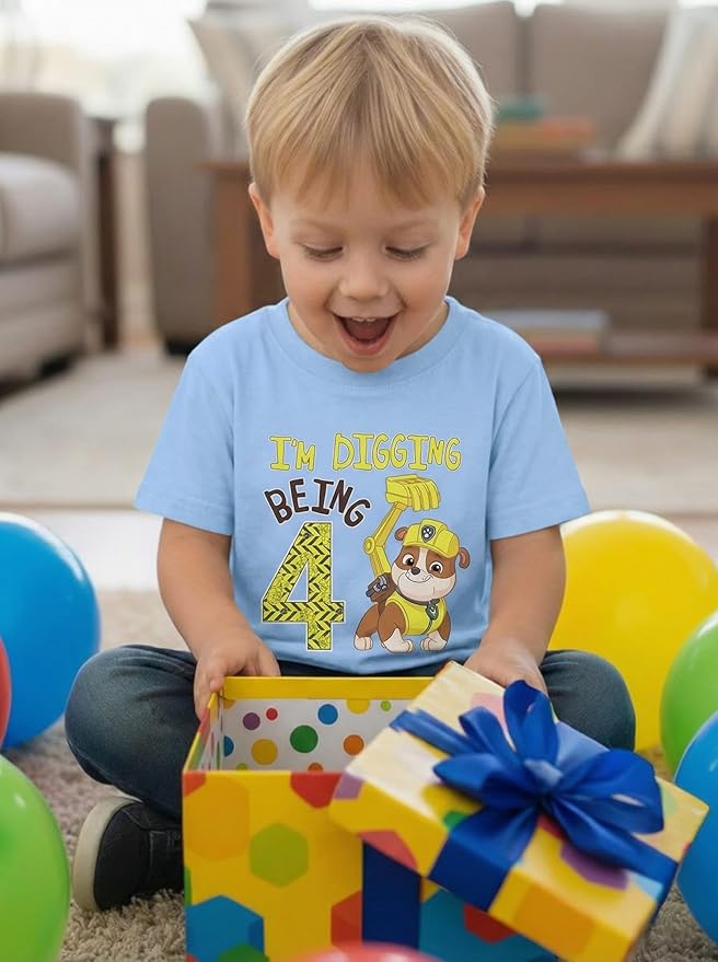 Paw Patrol Rubble Digging Being 4 T-Shirt for Toddler Boys - 4th Birthday Outfit with Construction Bulldozer Theme