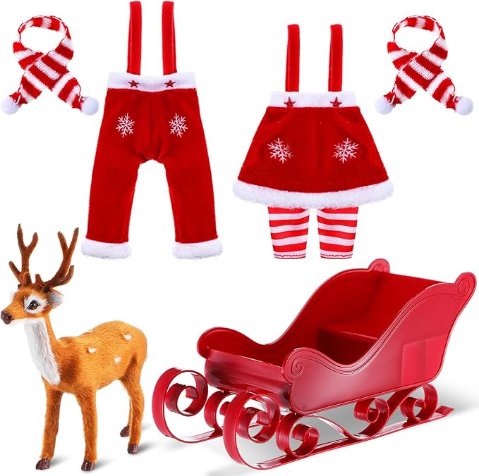 Meooeck 6 Pieces Christmas Accessories Set Including 2 Holiday Clothes Outfit, and 4 Novelty Toy Accessories for Kid(Reindeer)