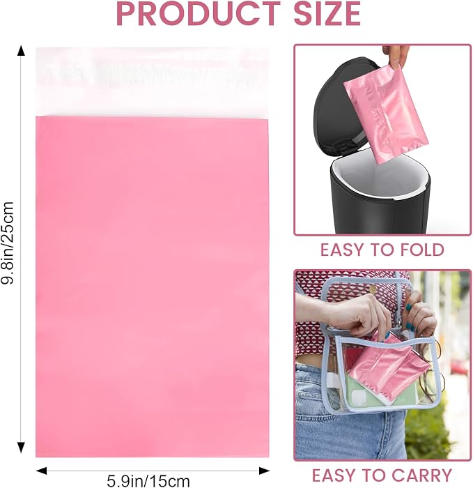 Disposable Sanitary Bags, 200 Pcs, Pink, Self-sealing, Odor-proof, Rectangular, Plastic, 10" x 6" Bags for Feminine Hygiene, Personal Waste, or Pet Waste