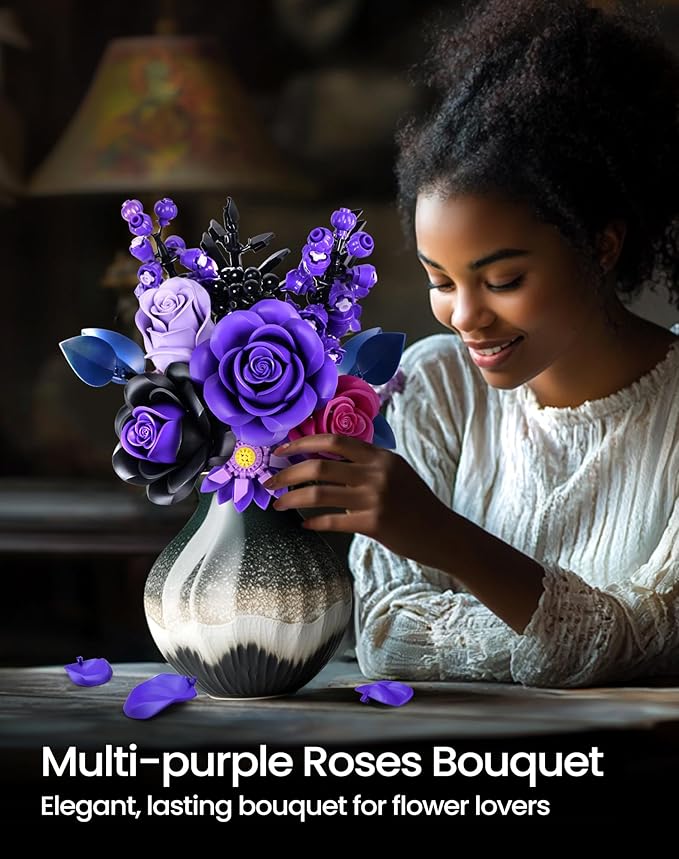 iATOM Purple Rose Bouquet Building Set, Compatible with Lego Flowers for Adults - Halloween Botanical Collection - Gothic Artificial Flowers Home Decor - IA11004