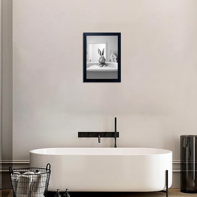 Melpa Art Kids Bathroom Wall Decor, Black and White Cute Animal Canvas Print Painting, Funny Rabbit in Bathtub Bathroom, Farmhouse Picture Wall Decor Artwork