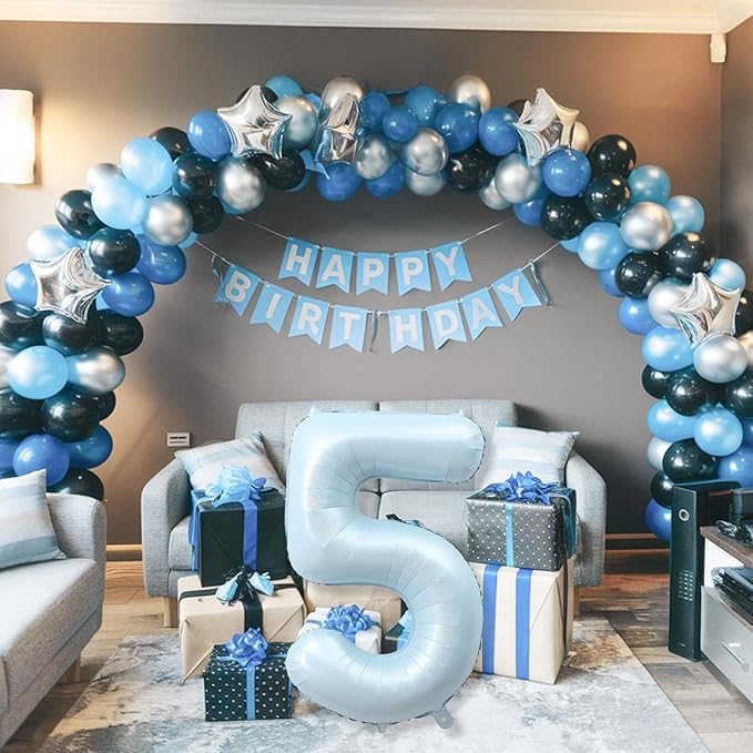 Big Number 5 Balloons, Dusty Light Blue Foil 5 Balloon Numbers 40 Inch, Giant 5th Birthday Party Decor, Matte Baby Blue Mylar Helium Self Inflating Balloon for Boys Birthday Anniversary Decorations