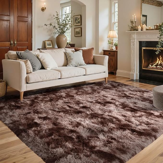 Brown Rugs for Bedroom 4x6 Fluffy Fur Living Room Area Rug, Rustic Plush Non-Slip Dark Carpet for Book Room Office,Coffee Stain Resistant