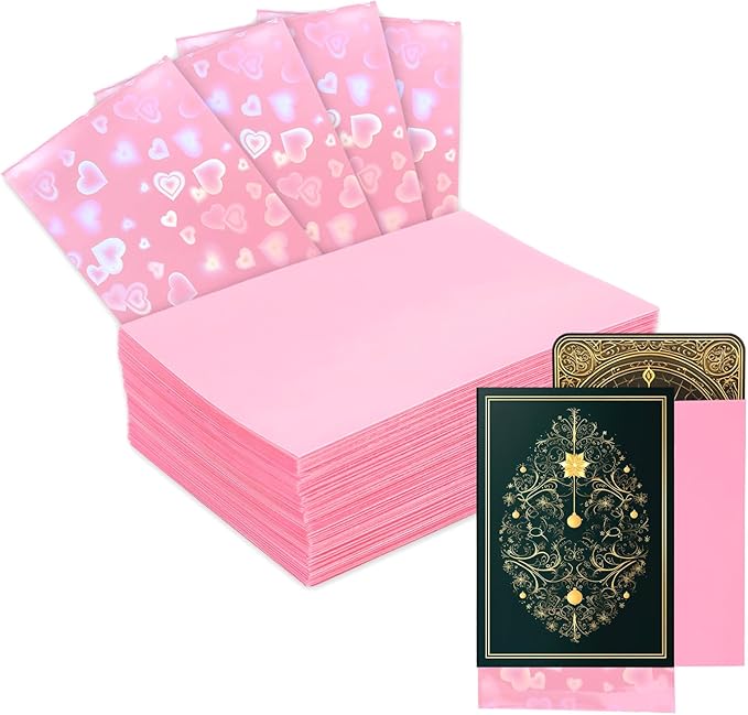 100pcs Holographic Colors Card Sleeves, 3.58x2.6in/91x66mm Colored Heart-Shaped Flashing Card Sleeves for Mini Polaroid Photocard Collectible Protection(Pink)