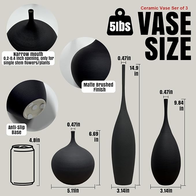 Black Ceramic Vases Set of 3, Modern Boho Vases for Centerpiece Decor, Matte Minimalist Decorative Vases for Home Decor, Living Room, Bookshelf, and Entryway Table Decor
