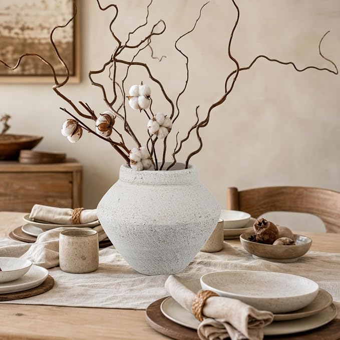 Briful Rustic Ceramic Vase Large Decorative Vase, 9'' Farmhouse Flower Vase | Vintage Texture Style Vase for Faux Floral, Table Centerpiece, Living Room, Shelf, Kitchen Counter, Entryway Decor, Beige