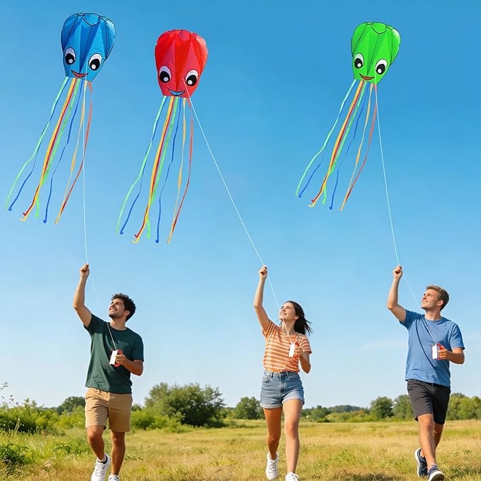 3 Pack Large New Upgraded Smiley Octopus Kites, Long Tail Beautiful Kite for Kids Adults Easy Fly to for Beach Great Outdoor Games and Activities with Family, Red Blue Green 3 Colors