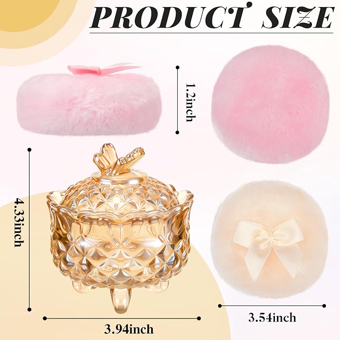 Tioncy 3 Pcs Large Body Powder Puff and Container Valentine's Day gift Powder Container with Puff Crystal Case Soft Washable Reusable Velour Face Body Glitter Wet Dry Makeup(Butterfly,Amber)