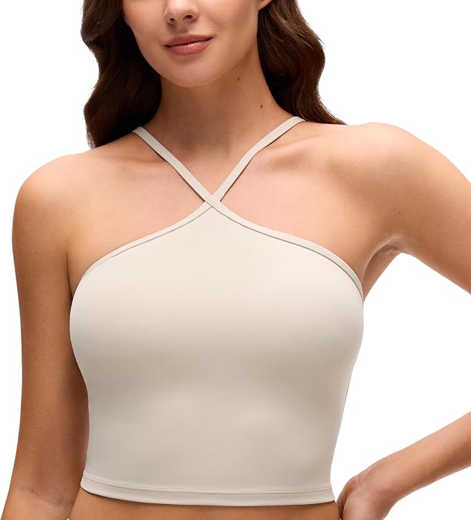 CRZ YOGA Butterluxe Cross Neck Crop Tank Tops for Women - Spaghetti Straps Square Back Padded Yoga Sports Bras