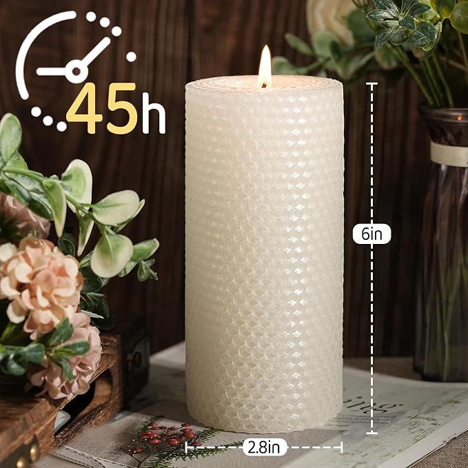 4 Pack Beeswax Pillar Candles, 2.8x6 Inch 180 Hours Hand-Rolled White Large Beeswax Candles, Handmade Pure Bees Wax Honeycomb Bees Wax Candle for Prayer, Unscented Candles