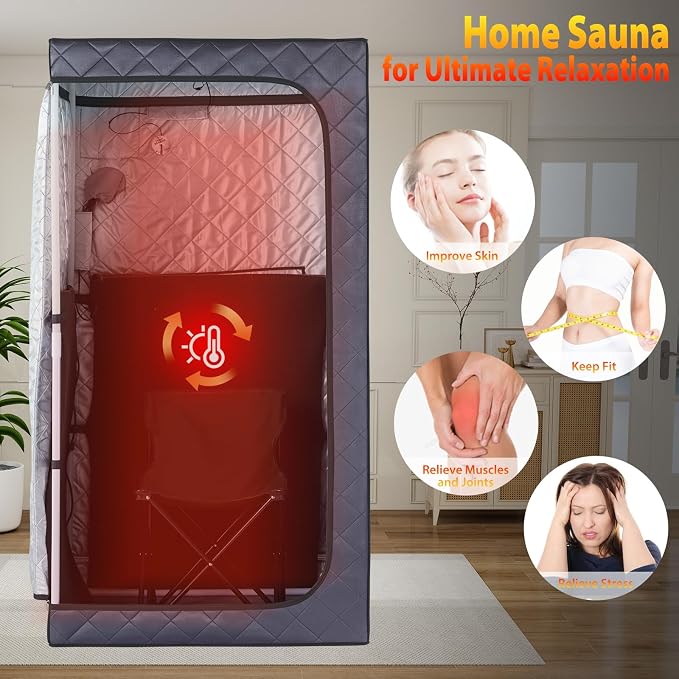 Gollense Portable Infrared Sauna for Home Spa | Full Size 1 Person Sauna | Full Body Personal Far Infrared Sauna Tent 5.5ft Tall | with Heating Foot Pad, Portable Chair, Dark Grey