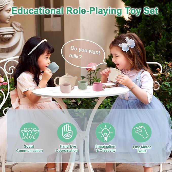Silicone Tea Set for Toddlers Aged 0+ Months,Real or Play Tea Party Set for Kids,Non-Toxic Baby Kitchen Toys,Cute Morandi Children Gift Suitable for Little Girl Boy(with Washable Cloth Napkin)