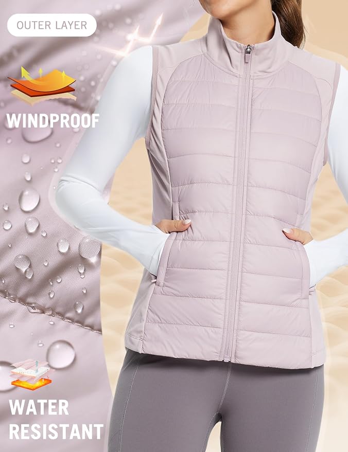 baleaf Womens Lightweight Warm Puffer Vest Winter Running Sleeveless Jacket | Zip Pockets & Soft Curve Design, Windproof, Water-Resistant and Noiseless Fabric, Suitable for Running, Hiking in 20°F-60°F