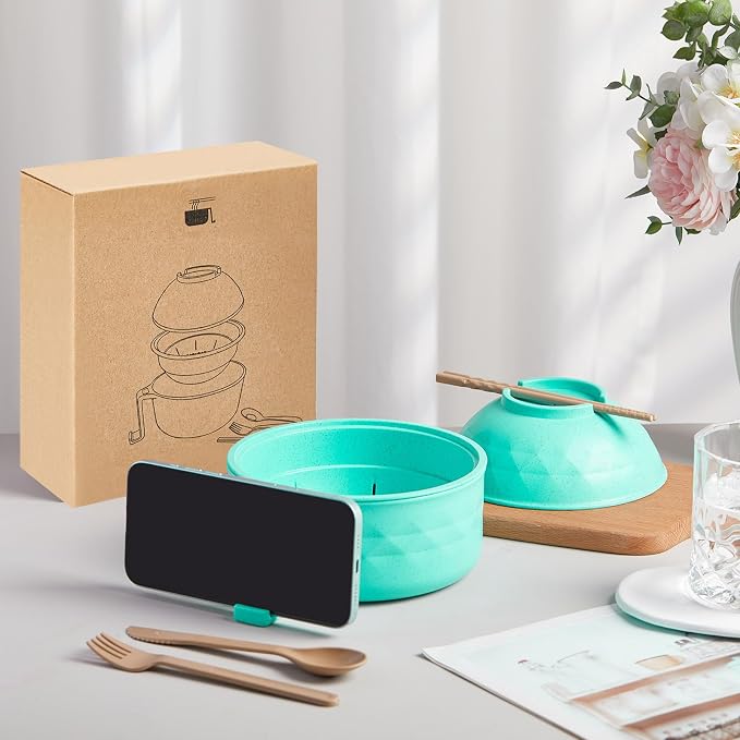 1 Set Microwave Ramen Cooker 40oz Wheat Straw Microwave Noodle Bowl Set with Chopsticks, Spoon, Fork, College Dorm Office Apartment Essentials (Mint Green)